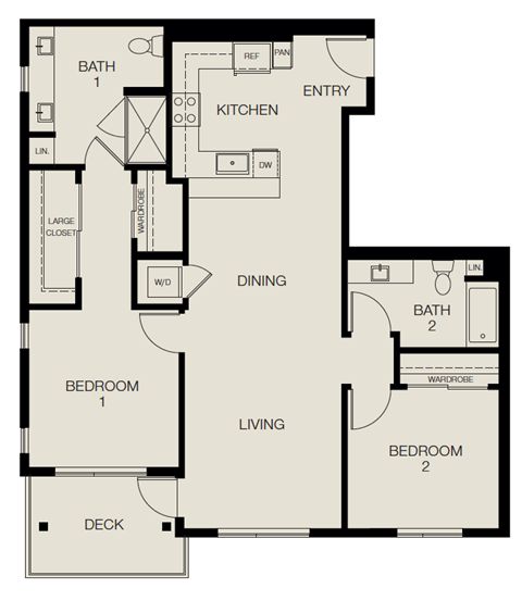 Floor plan for 2 beds, 2 baths, 1089 sqft